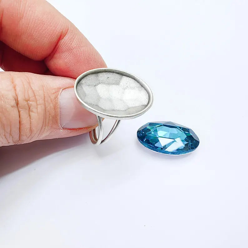 Antique Silver Adjustable Oval Rose Cut Ring Blank, 25x18mm Bezel Setting, G37967