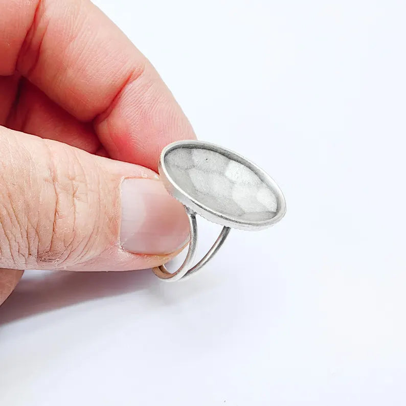 Antique Silver Adjustable Oval Rose Cut Ring Blank, 25x18mm Bezel Setting, G37967