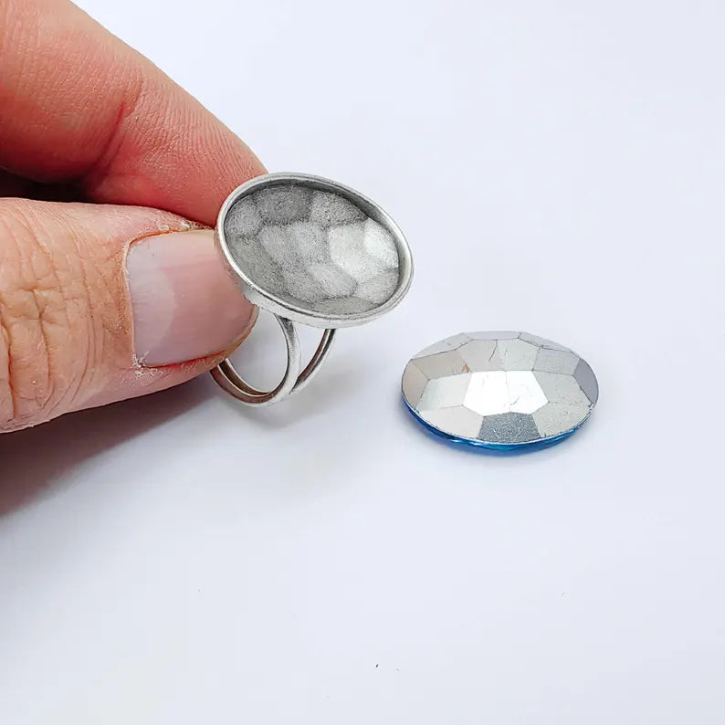 Antique Silver Adjustable Oval Rose Cut Ring Blank, 25x18mm Bezel Setting, G37967