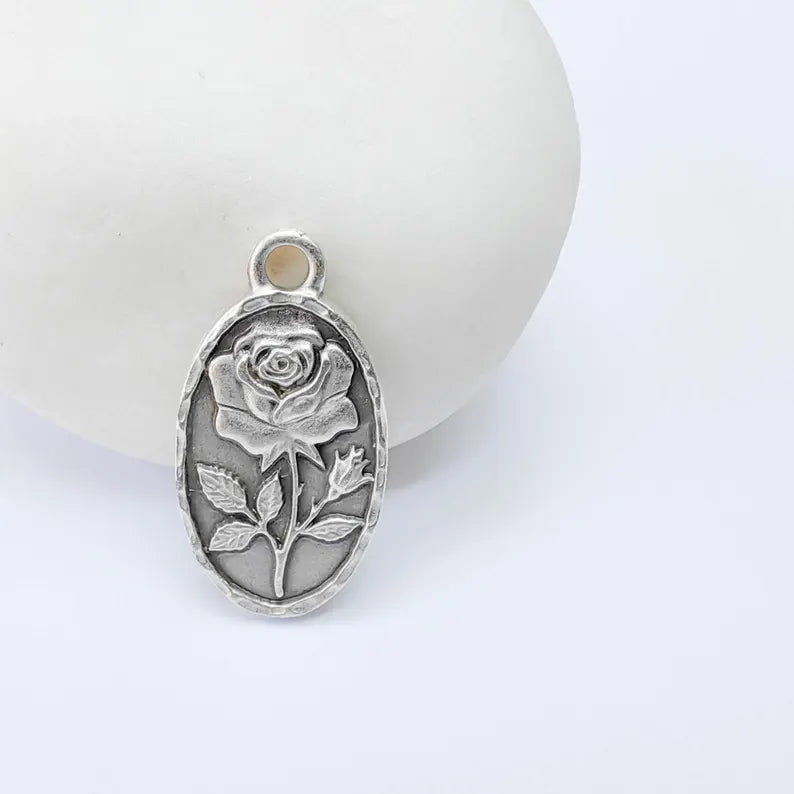 Rose Oval Charm Pendant, Double Sided Botanical Design, Antique Silver Plated, 25x13mm, G37968