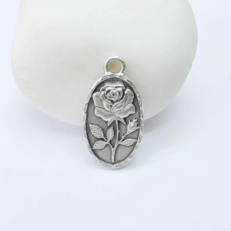 Rose Oval Charm Pendant, Double Sided Botanical Design, Antique Silver Plated, 25x13mm, G37968