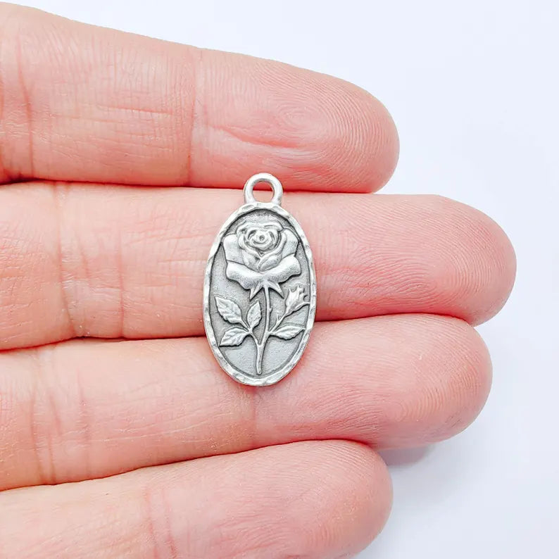 Rose Oval Charm Pendant, Double Sided Botanical Design, Antique Silver Plated, 25x13mm, G37968
