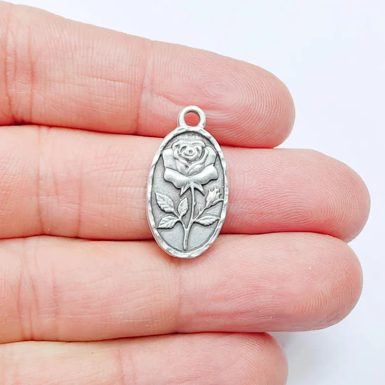 Rose Oval Charm Pendant, Double Sided Botanical Design, Antique Silver Plated, 25x13mm, G37968