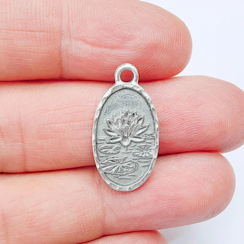 Lotus Charm Pendant, Double Sided Botanical Design, Antique Silver Plated, 25x13mm, G37976