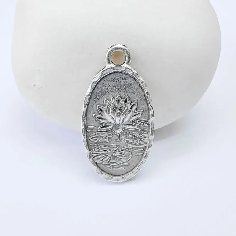 Lotus Charm Pendant, Double Sided Botanical Design, Antique Silver Plated, 25x13mm, G37976