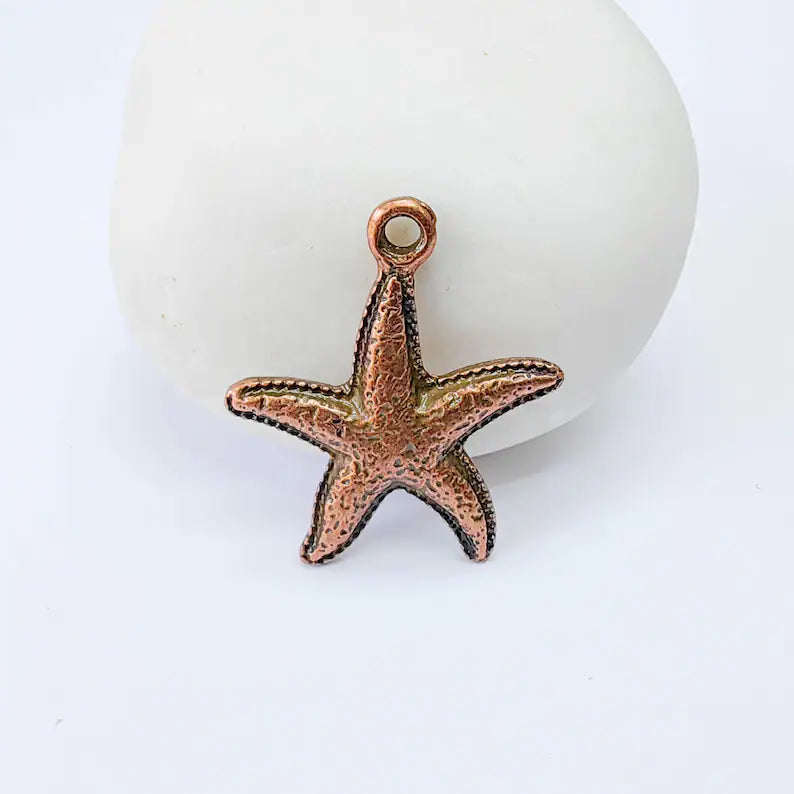 2 Starfish Charm Pendant, Ocean Sea Star Design, Copper Plated, 26x23mm, G37973