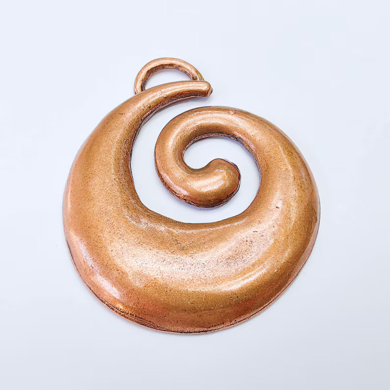 Large Swirl - Spiral Pendant, Big Ethnic, Rustic Necklace Parts, Antique Copper Pendant 93x76mm G37975