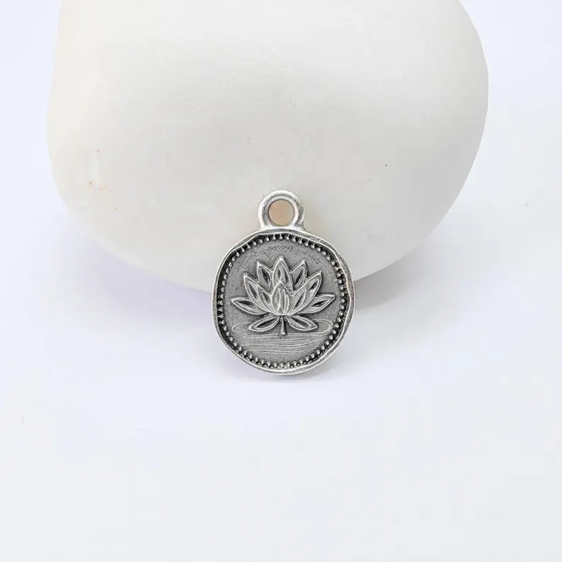 4 Pcs Lotus Round Charm Pendant, Double Sided Botanical Design, Antique Silver Plated, 16x13mm, G38022