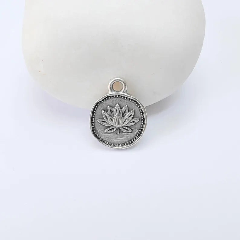 4 Pcs Lotus Round Charm Pendant, Double Sided Botanical Design, Antique Silver Plated, 16x13mm, G38022