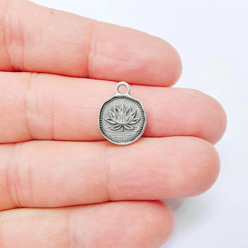 4 Pcs Lotus Round Charm Pendant, Double Sided Botanical Design, Antique Silver Plated, 16x13mm, G38022