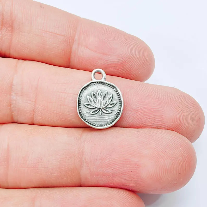 4 Pcs Lotus Round Charm Pendant, Double Sided Botanical Design, Antique Silver Plated, 16x13mm, G38022