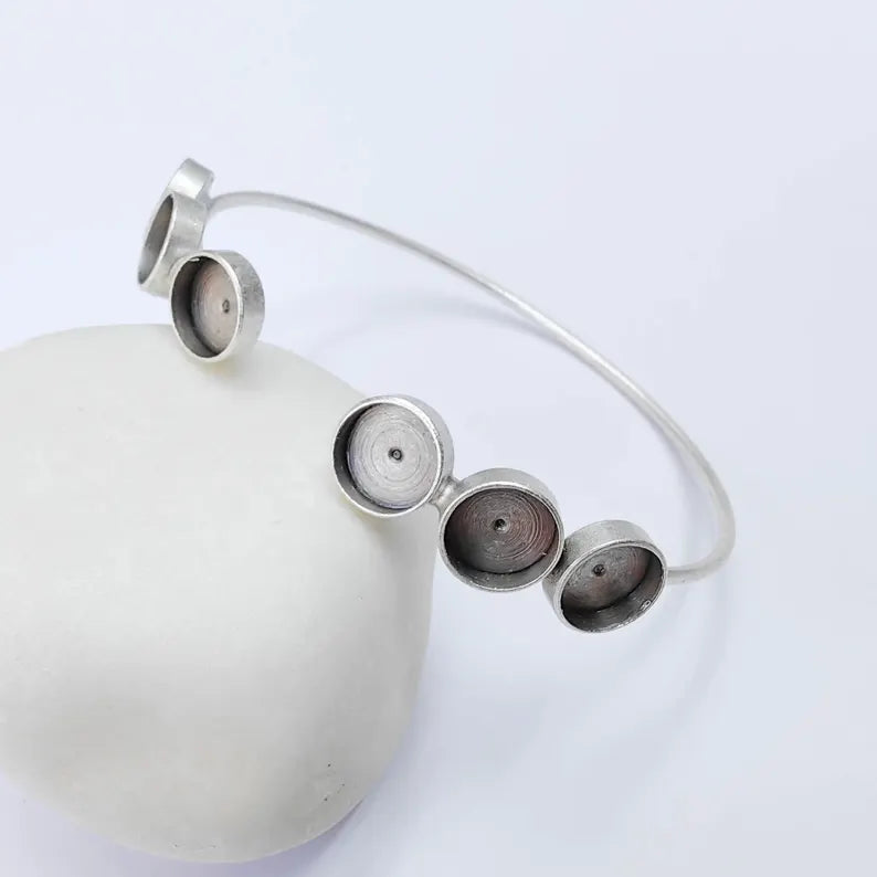 Multi Bezel Cuff Bracelet Blank, Adjustable Brass Bracelet Base, 8mm Round Settings, Antique Silver, G38024