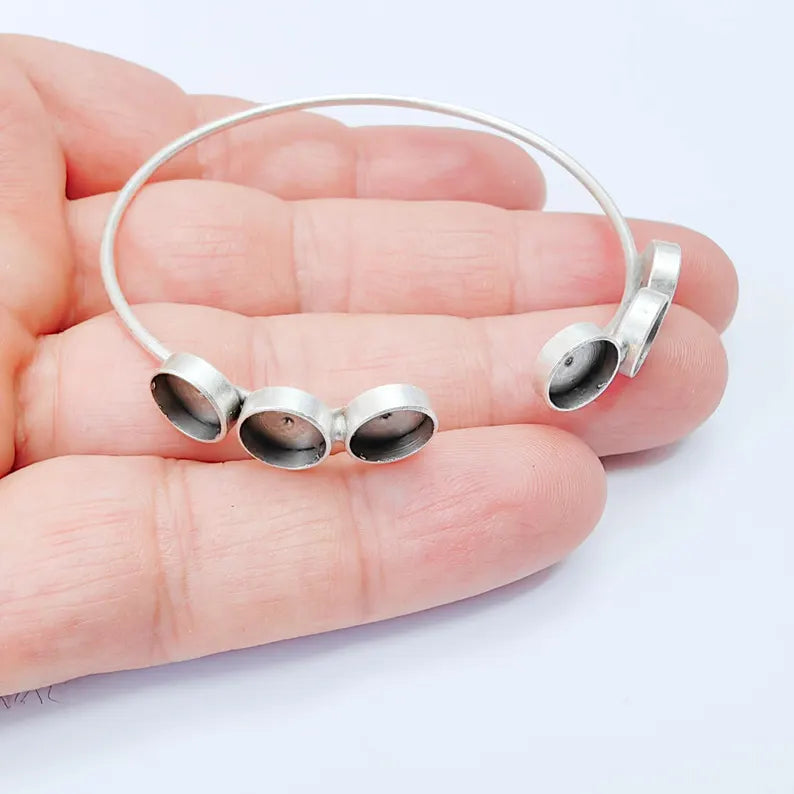 Multi Bezel Cuff Bracelet Blank, Adjustable Brass Bracelet Base, 8mm Round Settings, Antique Silver, G38024