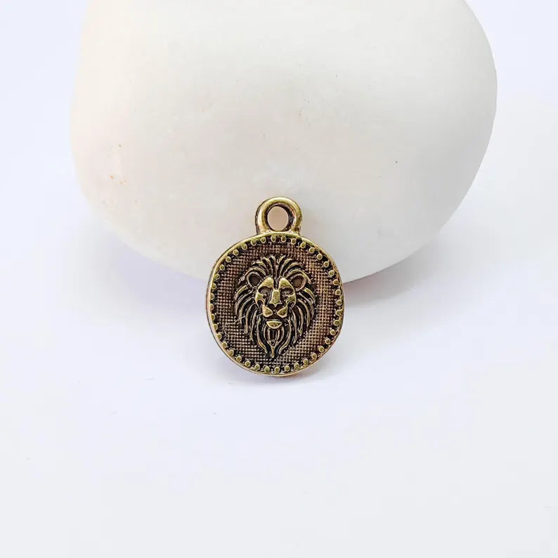 2 Lion Head Round Charm Pendant, Double Sided Animal Design, Antique Bronze Plated, 16x13mm, G38026