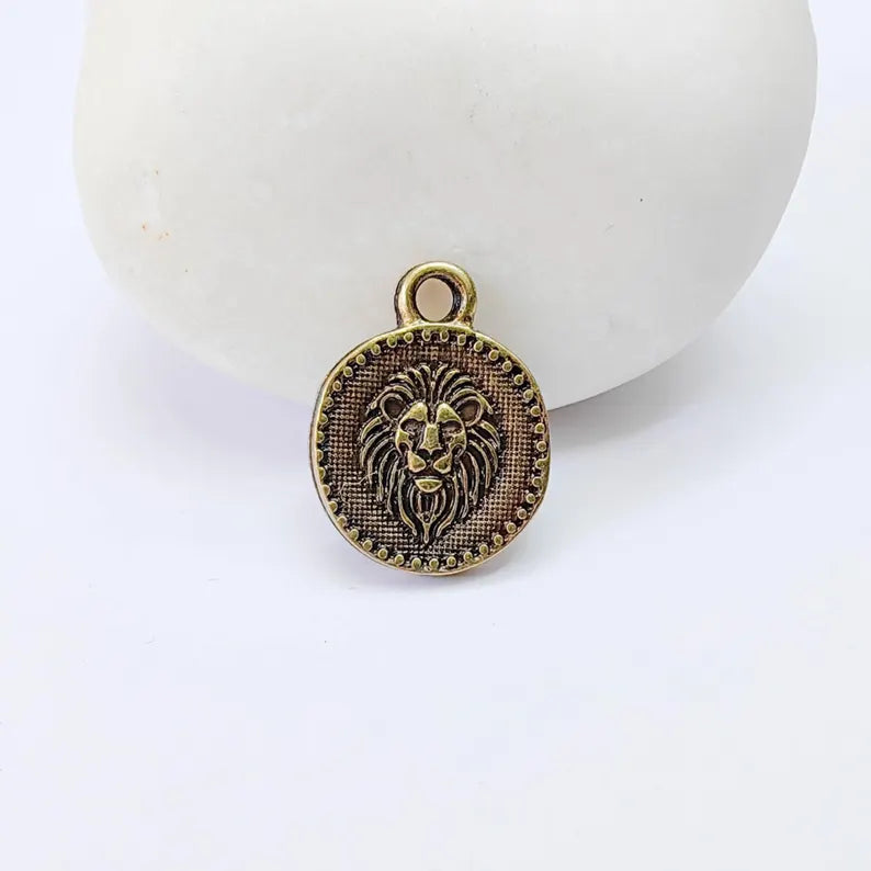 2 Lion Head Round Charm Pendant, Double Sided Animal Design, Antique Bronze Plated, 16x13mm, G38026