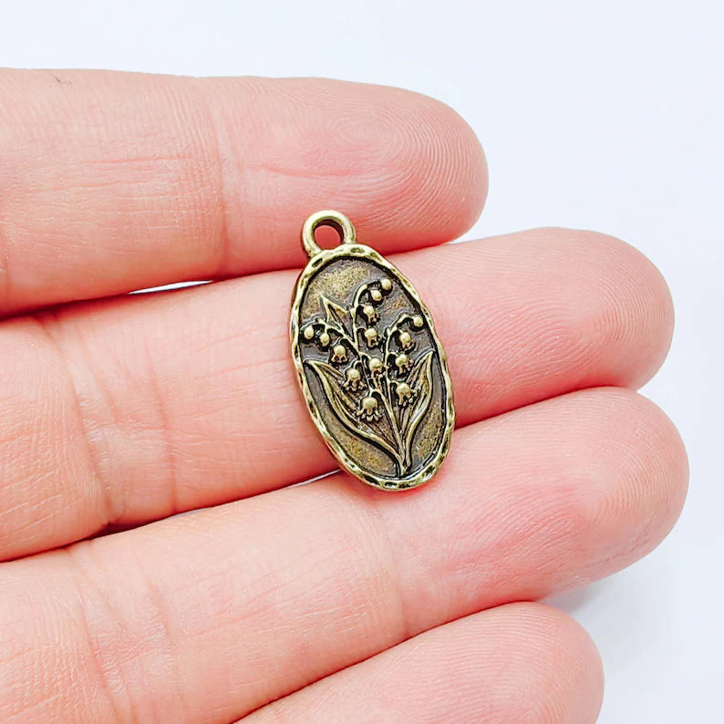 Lily of the Valley Oval Charm Pendant, Double Sided Botanical, Antique Bronze Plated, 25x13mm, G38027