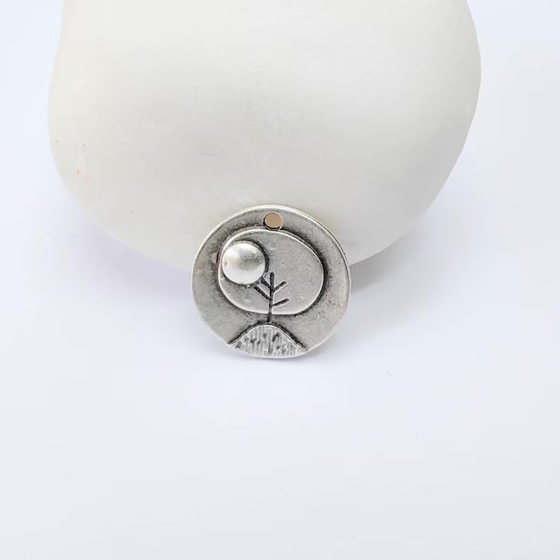 2 Sun and Mountain Charm Pendant, Minimal Nature Landscape Design, Antique Silver Plated, 15mm, G38030