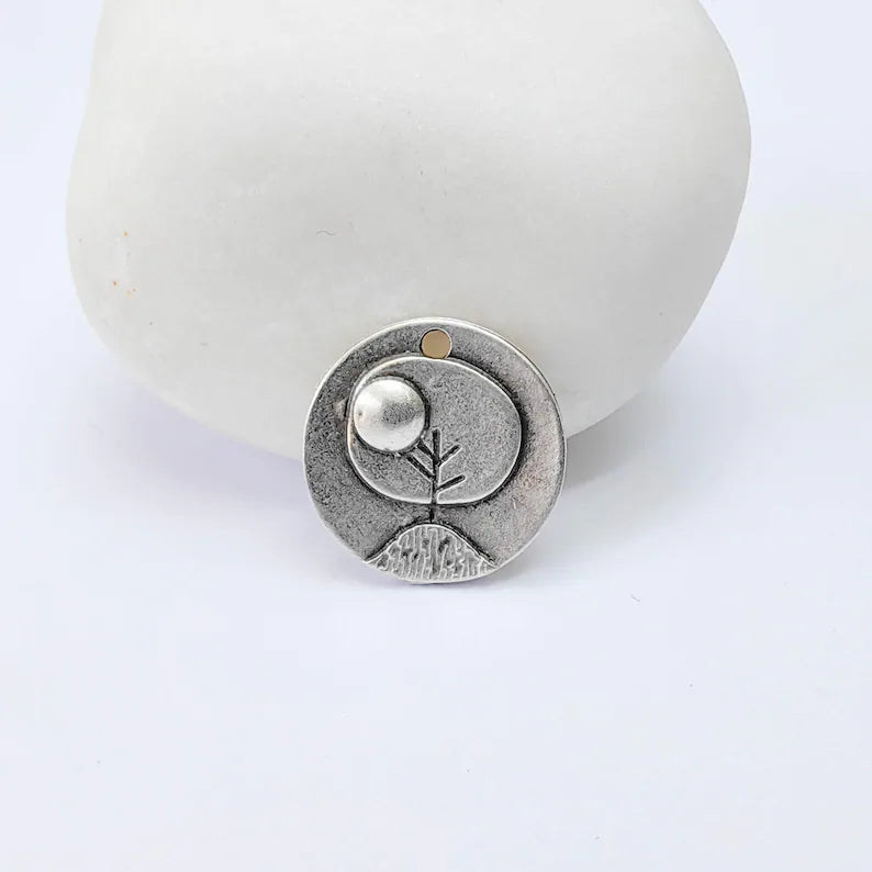 2 Sun and Mountain Charm Pendant, Minimal Nature Landscape Design, Antique Silver Plated, 15mm, G38030