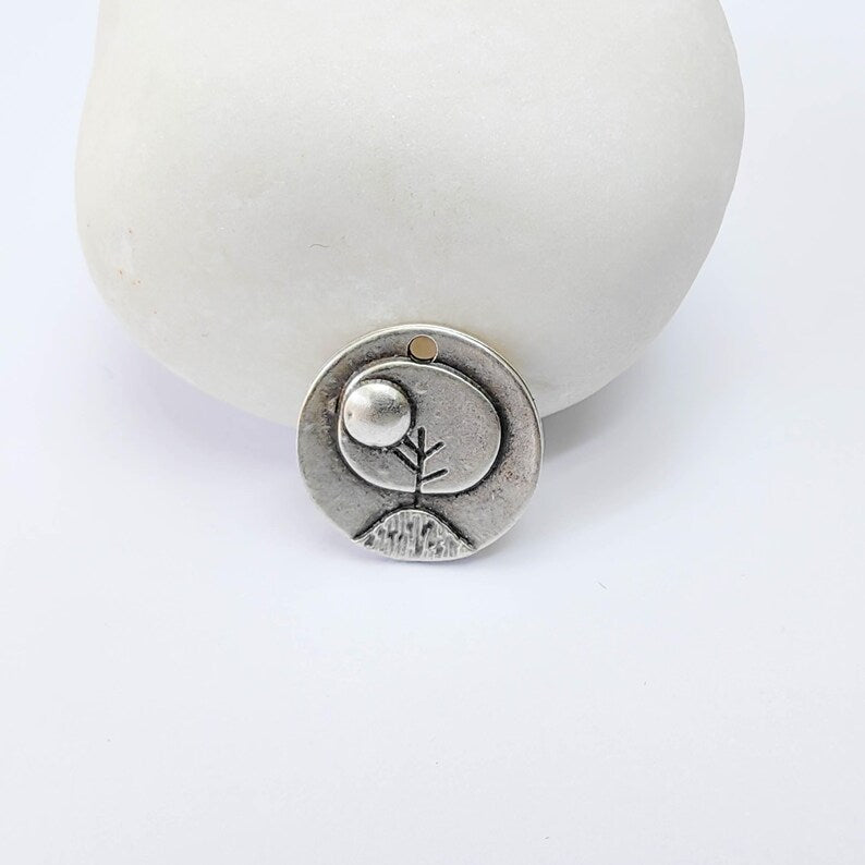 2 Sun and Mountain Charm Pendant, Minimal Nature Landscape Design, Antique Silver Plated, 15mm, G38030