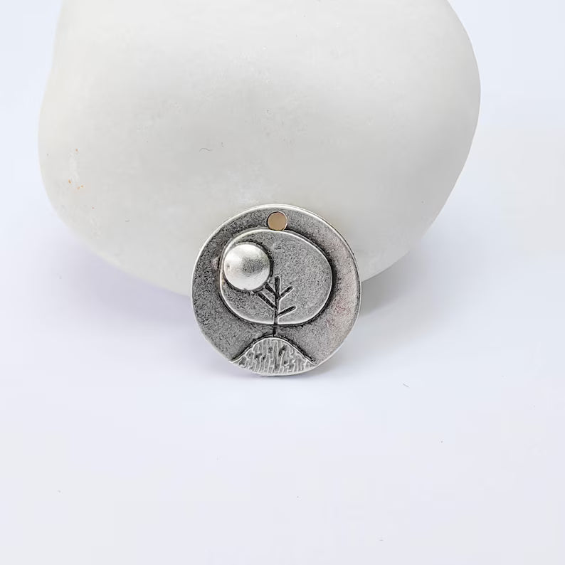 2 Sun and Mountain Charm Pendant, Minimal Nature Landscape Design, Antique Silver Plated, 15mm, G38030
