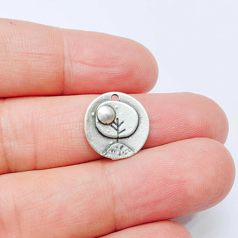 2 Sun and Mountain Charm Pendant, Minimal Nature Landscape Design, Antique Silver Plated, 15mm, G38030