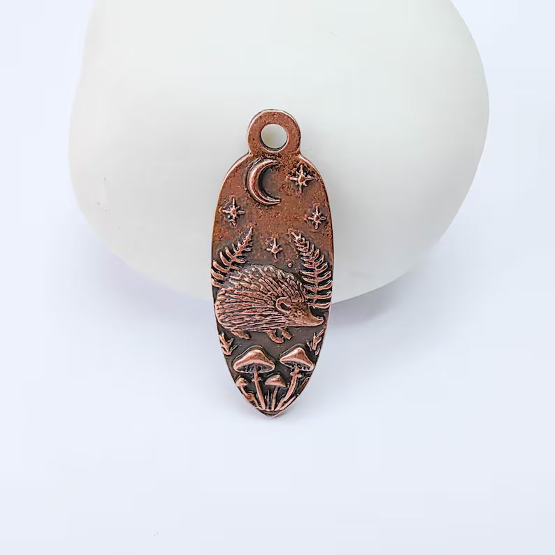 Hedgehog Charm Pendant, Double Sided Woodland Nature Design, 30x12mm, Antique Copper Plated G38031