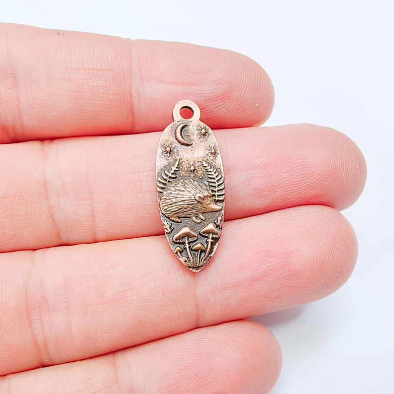 Hedgehog Charm Pendant, Double Sided Woodland Nature Design, 30x12mm, Antique Copper Plated G38031