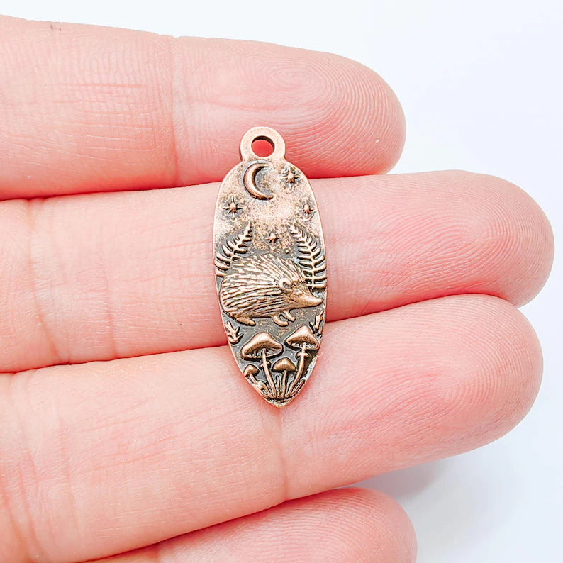 Hedgehog Charm Pendant, Double Sided Woodland Nature Design, 30x12mm, Antique Copper Plated G38031