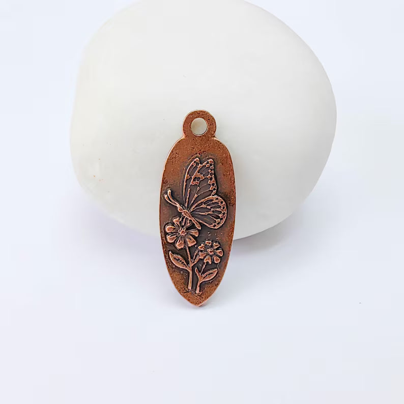 Butterfly Flower Charm Pendant, Double Sided Nature Design, Antique Copper Plated, 30x12mm, G38032