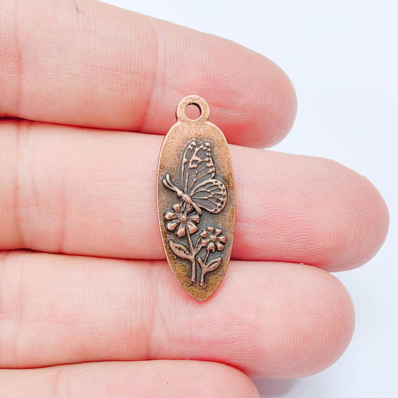 Butterfly Flower Charm Pendant, Double Sided Nature Design, Antique Copper Plated, 30x12mm, G38032