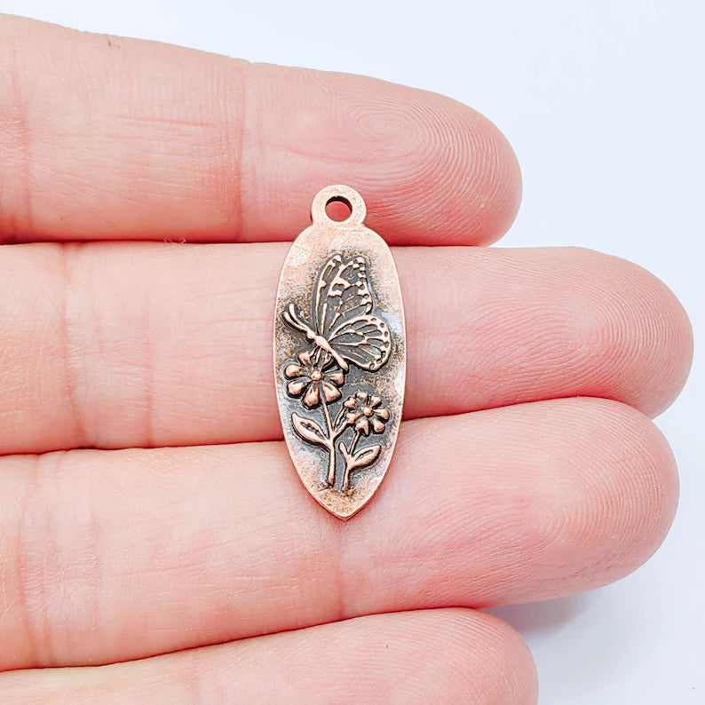 Butterfly Flower Charm Pendant, Double Sided Nature Design, Antique Copper Plated, 30x12mm, G38032