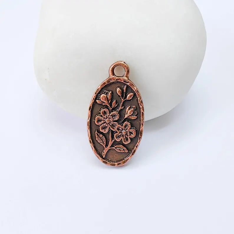 Floral Oval Charm Pendant, Double Sided Botanical Design, Antique Copper Plated, 25x13mm, G38035
