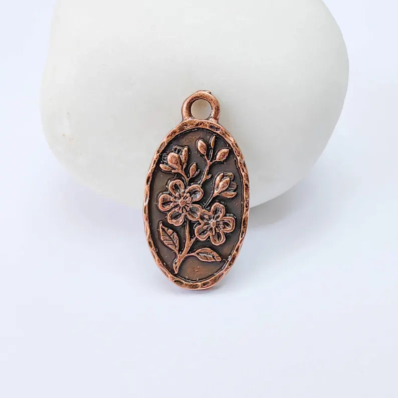 Floral Oval Charm Pendant, Double Sided Botanical Design, Antique Copper Plated, 25x13mm, G38035