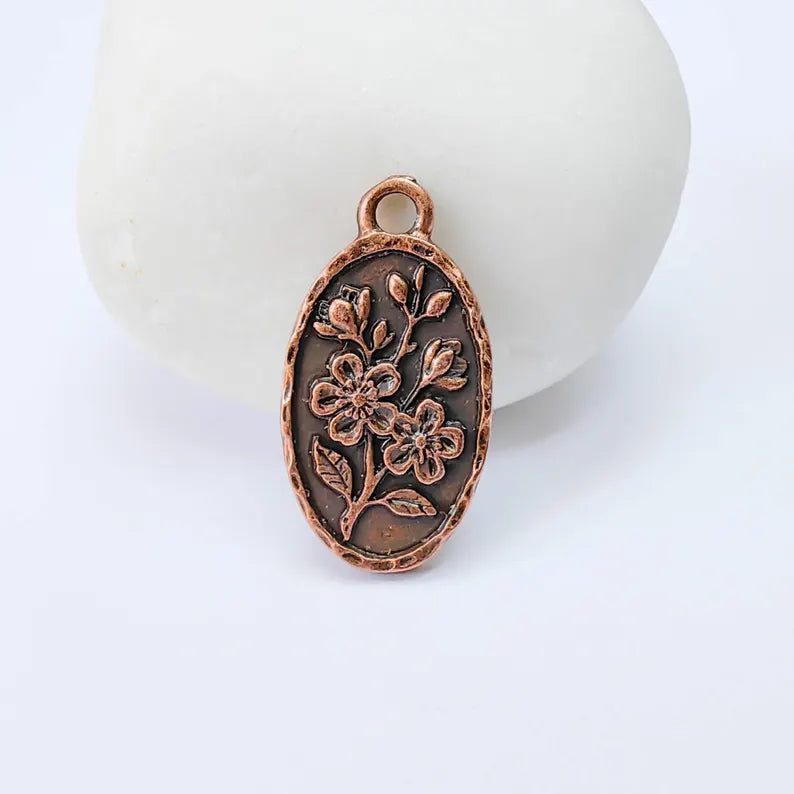 Floral Oval Charm Pendant, Double Sided Botanical Design, Antique Copper Plated, 25x13mm, G38035