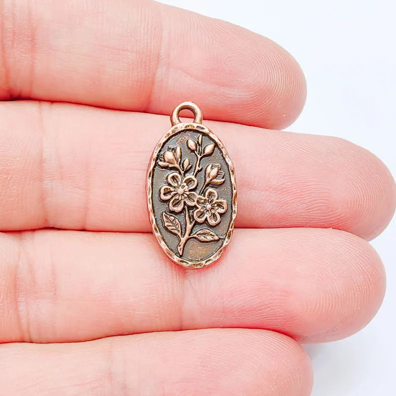Floral Oval Charm Pendant, Double Sided Botanical Design, Antique Copper Plated, 25x13mm, G38035