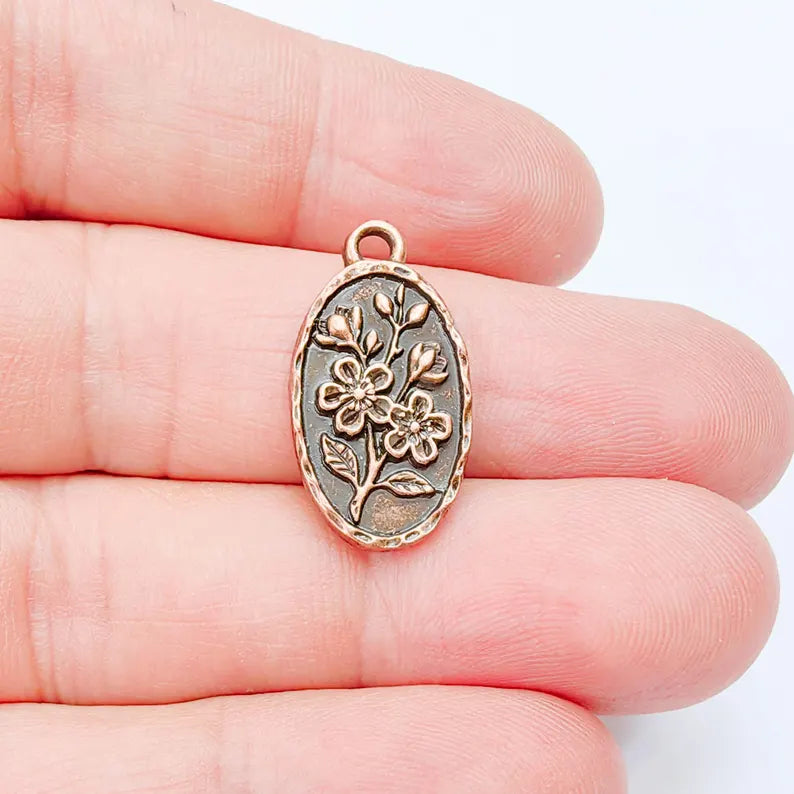 Floral Oval Charm Pendant, Double Sided Botanical Design, Antique Copper Plated, 25x13mm, G38035