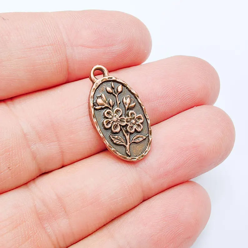 Floral Oval Charm Pendant, Double Sided Botanical Design, Antique Copper Plated, 25x13mm, G38035
