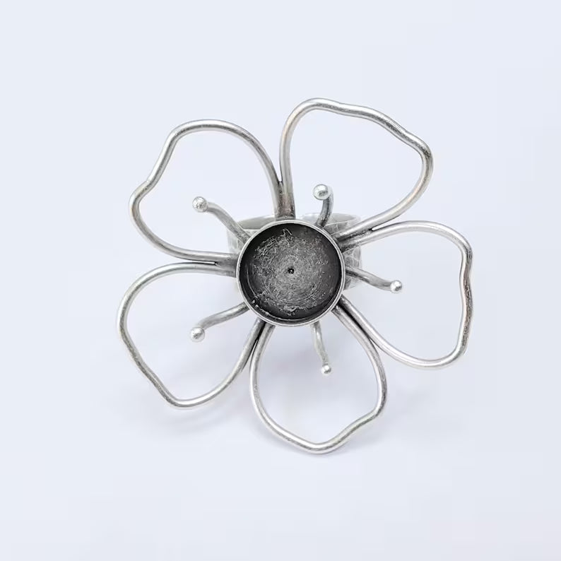 Antique Silver Adjustable Large Flower Ring Base, 14mm Round Bezel, Statement Floral Setting, G38038