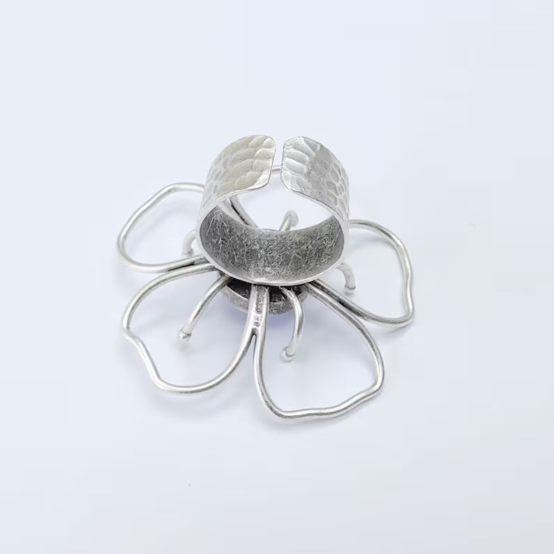 Antique Silver Adjustable Large Flower Ring Base, 14mm Round Bezel, Statement Floral Setting, G38038