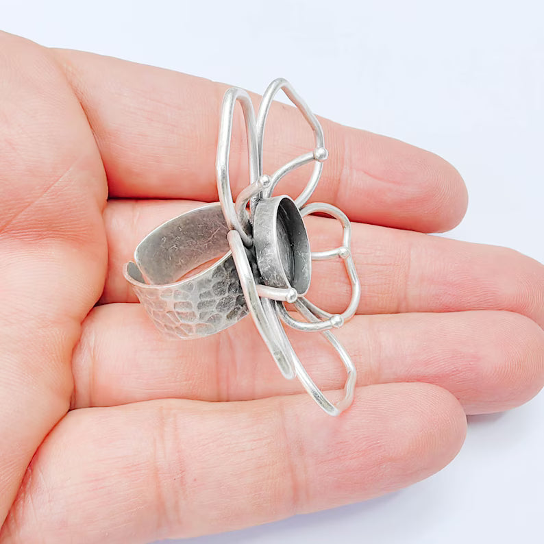 Antique Silver Adjustable Large Flower Ring Base, 14mm Round Bezel, Statement Floral Setting, G38038