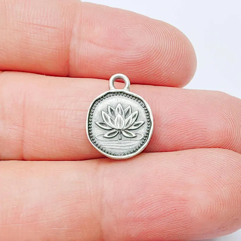 4 Pcs Lotus Round Charm Pendant, Double Sided Botanical Design, Antique Silver Plated, 16x13mm, G38022