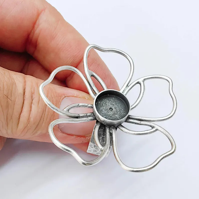 Antique Silver Adjustable Large Flower Ring Base, 12mm Round Bezel, Statement Floral Setting, G38047
