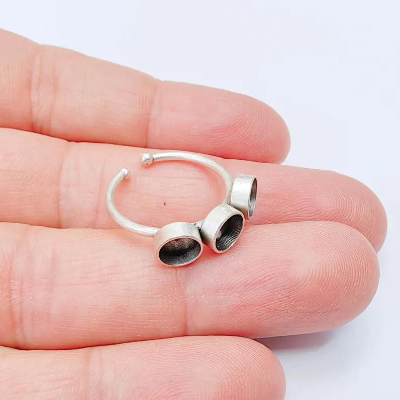 Triple Bezel Adjustable Ring Blank 6mm Cabochon Setting, Antique Silver Plated Brass Base, G38050