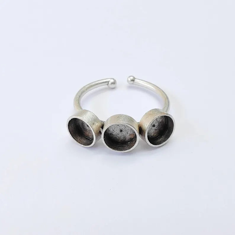 Triple Bezel Adjustable Ring Blank 6mm Cabochon Setting, Antique Silver Plated Brass Base, G38050