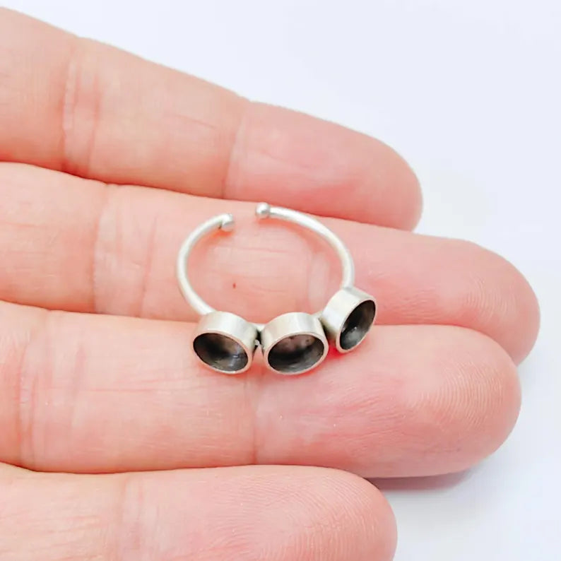 Triple Bezel Adjustable Ring Blank 6mm Cabochon Setting, Antique Silver Plated Brass Base, G38050
