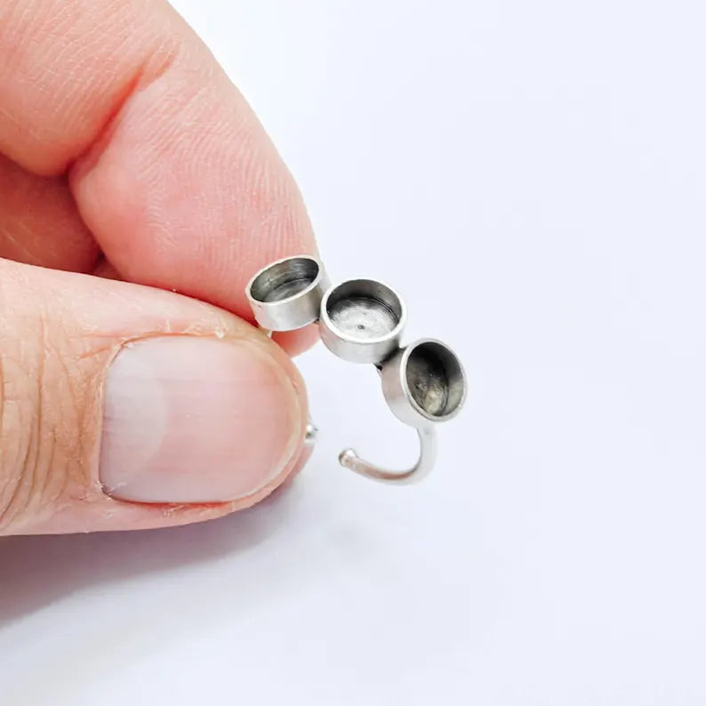 Triple Bezel Adjustable Ring Blank 6mm Cabochon Setting, Antique Silver Plated Brass Base, G38050