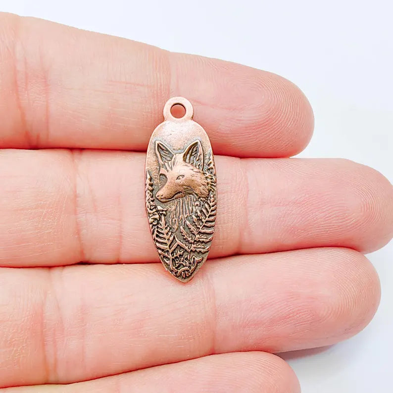 Fox Charm Pendant, Double Sided Woodland Animal Design Wolf, Antique Copper Plated, 30x12mm, G38051