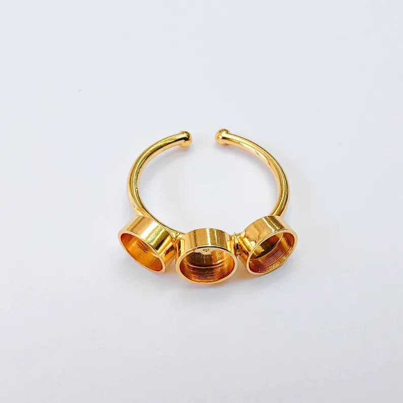 Triple Bezel Ring Base, Round Setting 6mm, Adjustable 24K Shiny Gold Ring, G38055