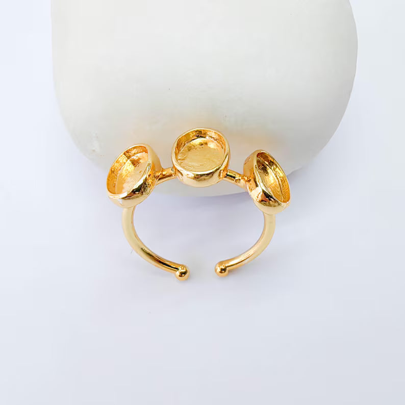 Triple Oval Bezel Ring, 8x6mm Settings, Adjustable 24K Shiny Gold Ring, G38057