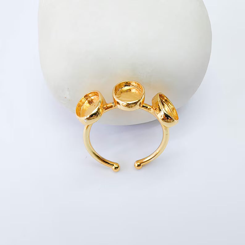 Triple Oval Bezel Ring, 8x6mm Settings, Adjustable 24K Shiny Gold Ring, G38057